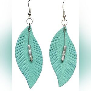 Handmade Teal Faux Leather Feather Earrings | Boho Lightweight Stainless Steel